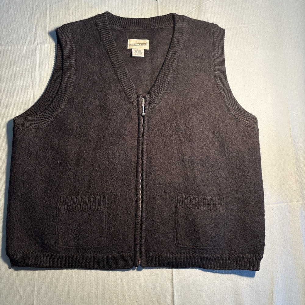 Prides Landing Mens Large Wool Full Zip Sweater Vest Charcoal Brown Pockets 0497